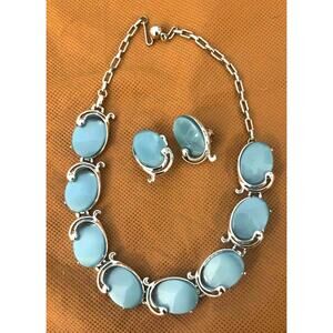 Vintage Aqua Cabochon Choker Adjustable Necklace Clip Earrings Set Silver Tone